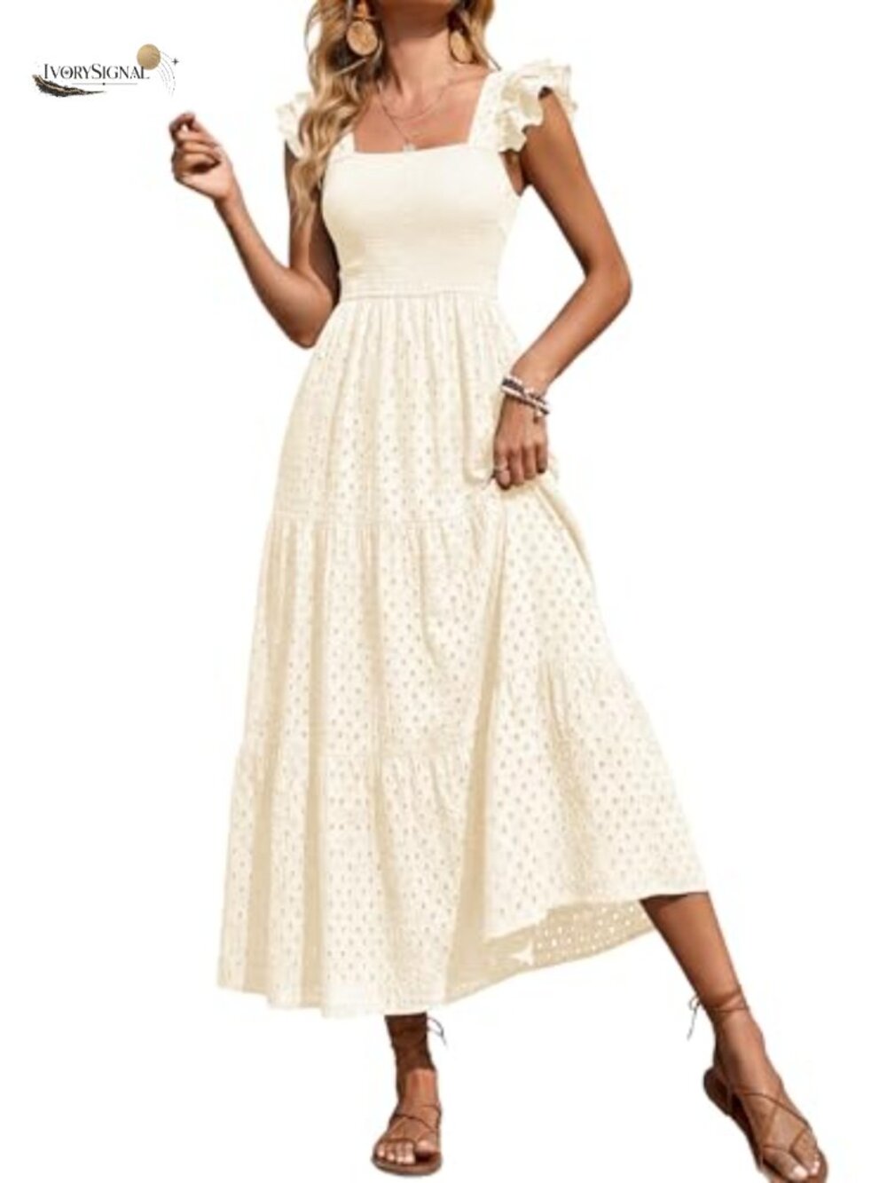 PRETTYGARDEN Women's Summer Square Neck Maxi Dress 100% Cotton Eyelet Smocked